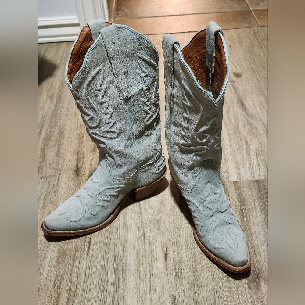 Sage/Light Blue/Grey/Green Leather Western Cowboy Boots